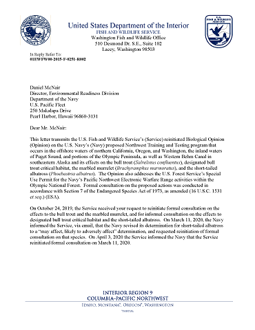United States Fish and Wildlife Service Final Biological Opinion for Northwest Training and Testing Activities Activities (USFWS Reference: 01EWFW00-2020-F-0251-R0002) (June 2021)